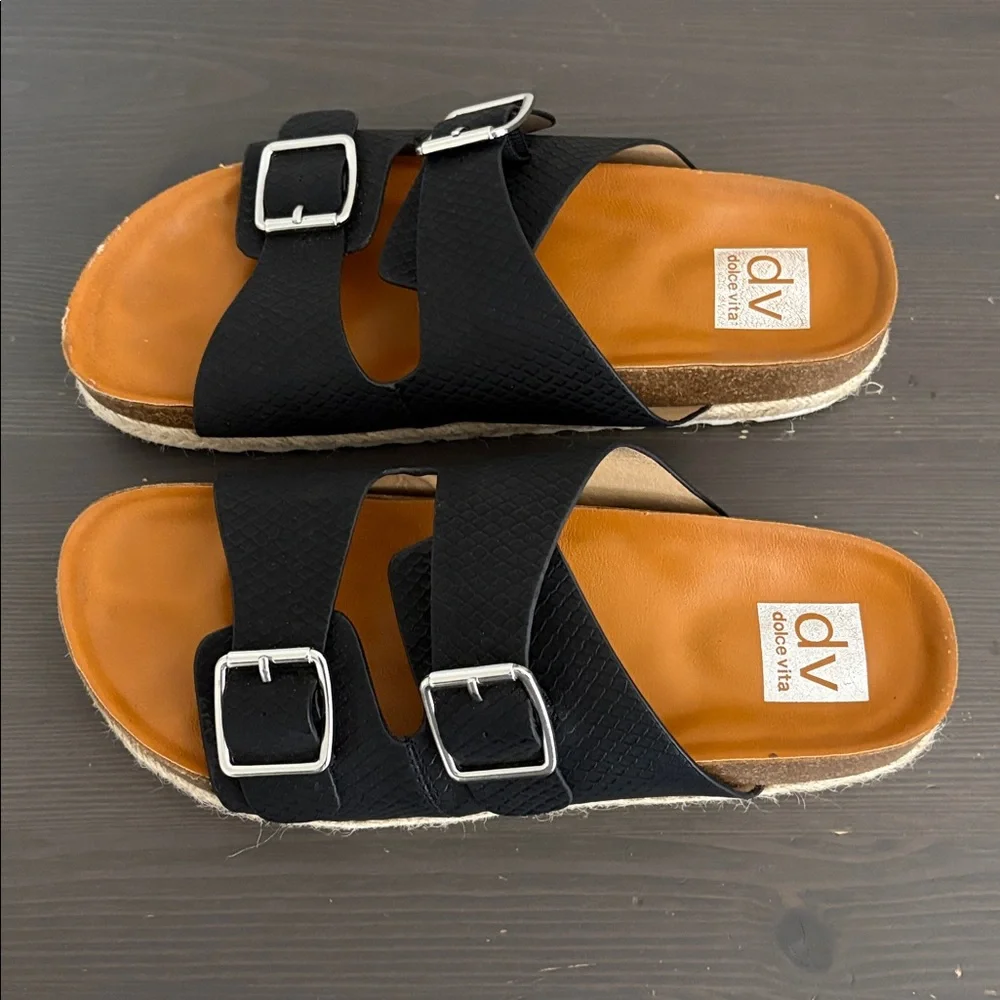 DV‎ Dolce Vita Carther Espadrille Footbed Sandals Slip On Double Buckle Black 10